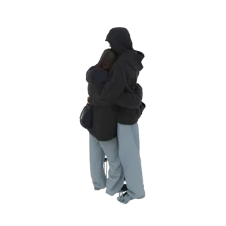 3D-модель обнимающейся пары, оба в повседневных худи и светло-голубых спортивных штанах, на белом фоне.