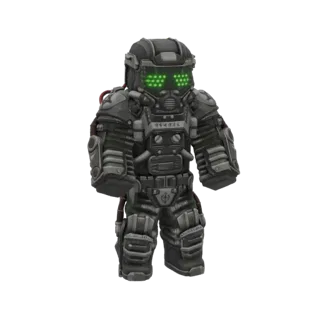 3D model of a sci-fi hazmat suit with a dark gray armored body and glowing green optical sensors on the helmet.