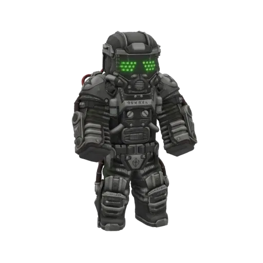 3D model of a sci-fi hazmat suit with a dark gray armored body and glowing green optical sensors on the helmet.