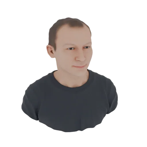 3D-рендер мужского бюста, сгенерированного ИИ, с короткими каштановыми волосами, смотрящего немного в сторону, в темно-серой