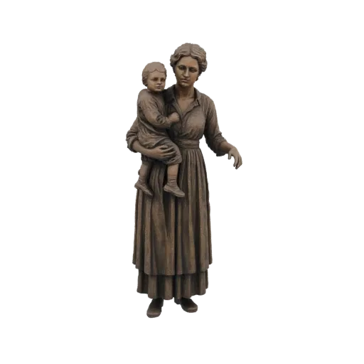 3D модель бронзовой статуэтки матери, нежно держащей ребенка, с детализированной одеждой и выражениями.
