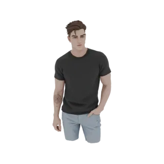 3D модель молодого человека с каштановыми волосами, в черной футболке и светло-голубых шортах, с татуировкой компаса на левой