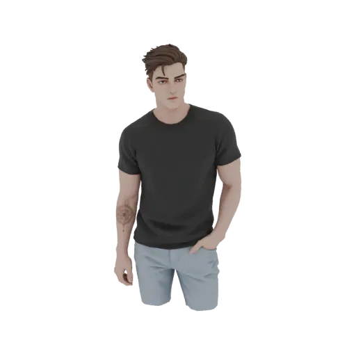3D модель молодого человека с каштановыми волосами, в черной футболке и светло-голубых шортах, с татуировкой компаса на левой