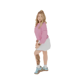 3D модель девушки с светлыми волосами в розовой толстовке и белой юбке, позирующая с татуировкой на ноге.