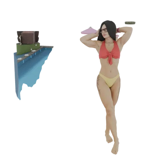 3D модель девушки в бикини рядом с миниатюрным парящим островом с небольшим зданием и бассейном.