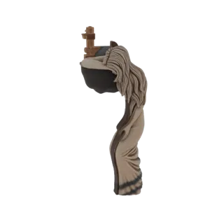 3D модель меланхоличной женщины с длинными, развевающимися волосами, в струящихся одеждах, опирающейся на текстурированный ар