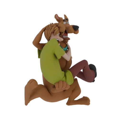 3D модель Шэгги и Скуби-Ду бегут в страхе, Шэгги цепляется за Скуби, с глиняной текстурой.