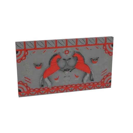 3D рендер серой рельефной панели с двумя красными лошадьми и красными узорами в народном стиле, вид под небольшим углом.