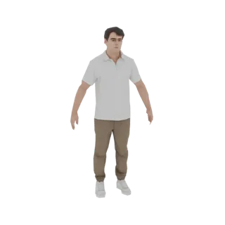 3D-модель молодого человека в белой футболке-поло и брюках чинос, стоящего с руками по бокам.