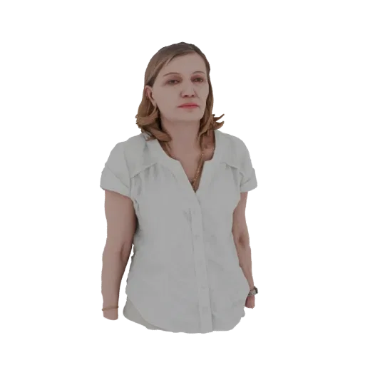 3D модель женщины с каштановыми волосами до плеч, в белой блузке с воротником, стоящей и смотрящей вперед.