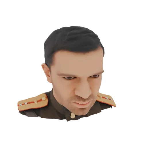 3D рендер бюста советского офицера в темной форме с золотыми эполетами и строгим выражением лица.