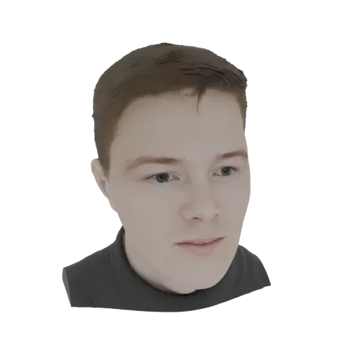 3D рендер бюста молодого человека, вид слегка вправо, с каштановыми волосами и темной рубашкой.