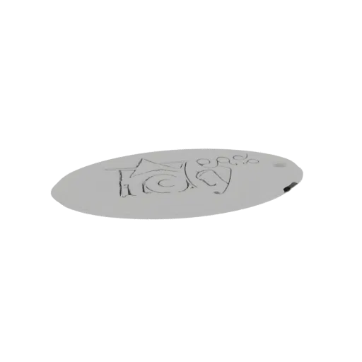 3D-рендер светло-серого овального брелока с надписью 'Katy' и отпечатком лапы, выгравированными на поверхности, с отверстием для крепления.