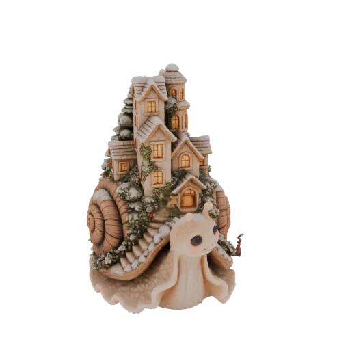 3D модель сказочной улитки, несущей на панцире миниатюрную снежную деревню с крошечными домиками и светящимися окнами.