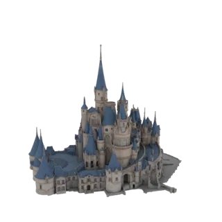 3D модель фэнтезийного замка с множеством синих шпилей и сложными архитектурными деталями на белом фоне.