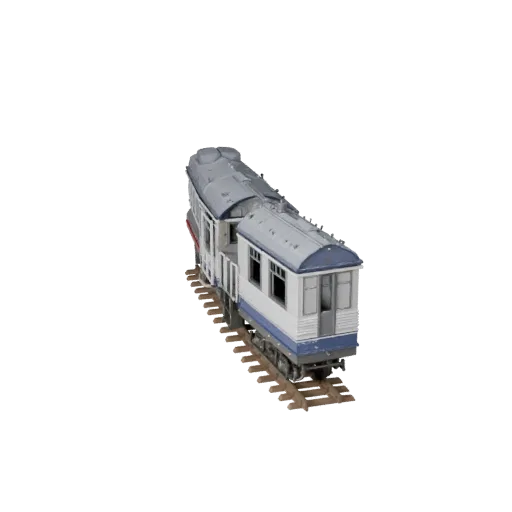3D-модель паровоза, вид в студии в три четверти, готовый для Blender объект транспортного средства с рельсовым профилем, расс
