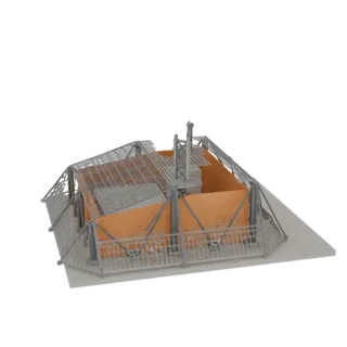 3D модель архитектурной конструкции с ярко-оранжевыми стенами, детализированным металлическим каркасом и светло-серым основан