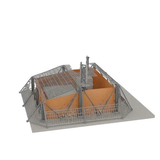 3D модель архитектурной конструкции с ярко-оранжевыми стенами, детализированным металлическим каркасом и светло-серым основан