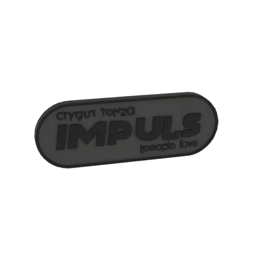 3D-модель темной овальной эмблемы со словом IMPULS крупными рельефными буквами и мелким текстом сверху и снизу.