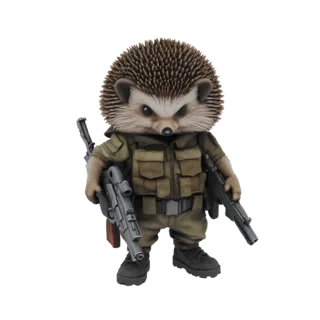 3D модель ежа в тактической экипировке с двумя штурмовыми винтовками и решительным выражением лица.