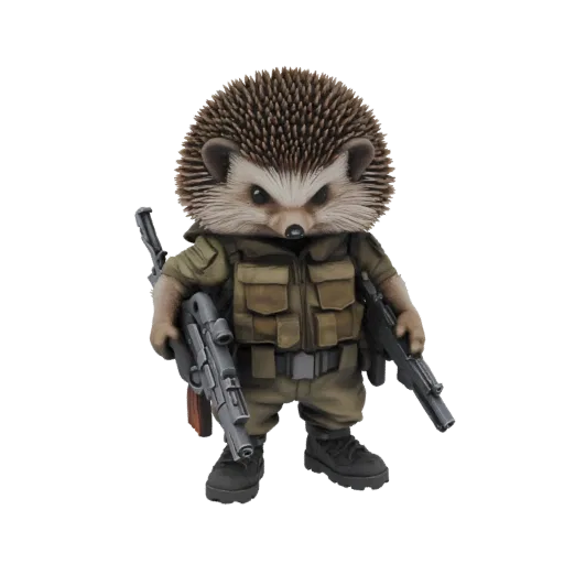 3D модель ежа в тактической экипировке с двумя штурмовыми винтовками и решительным выражением лица.