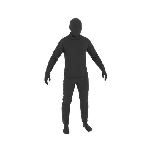 3D модель фигуры в черном бесшовном костюме, включая балаклаву, перчатки и брюки, на белом фоне.