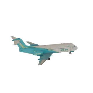 3D модель пассажирского самолета Bek Air в бирюзово-белой ливрее, показанная в профиль на белом фоне.