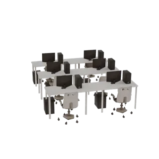 3D модель компьютерного класса с рядами белых столов, мониторами, системными блоками и офисными креслами