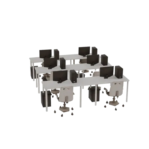 3D модель компьютерного класса с рядами белых столов, мониторами, системными блоками и офисными креслами