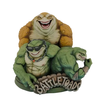 3D-модель трех культовых персонажей Battletoads в динамичной позе с логотипом 'BATTLETOADS' у основания.