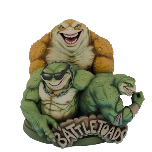 3D-модель трех культовых персонажей Battletoads в динамичной позе с логотипом 'BATTLETOADS' у основания.