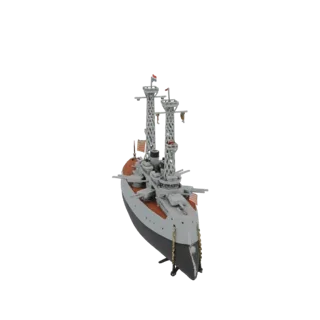 3D модель винтажного линкора с серым корпусом, красной ватерлинией и двумя высокими решетчатыми мачтами, вид с высокого ракур