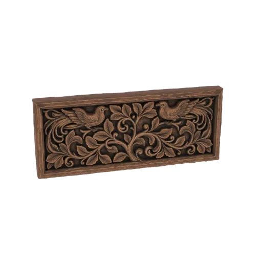 3D модель прямоугольной деревянной резьбы с двумя птицами, окруженными сложными листьями и лозами.