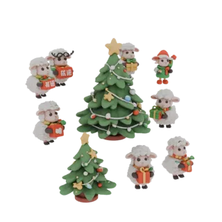 3D модель набора из 8 милых овечек с рождественскими елками и подарками, готовая к 3D-печати
