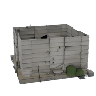 3D модель бруталистского здания из бетонных блоков с видимой текстурой блоков и строгим геометрическим дизайном.