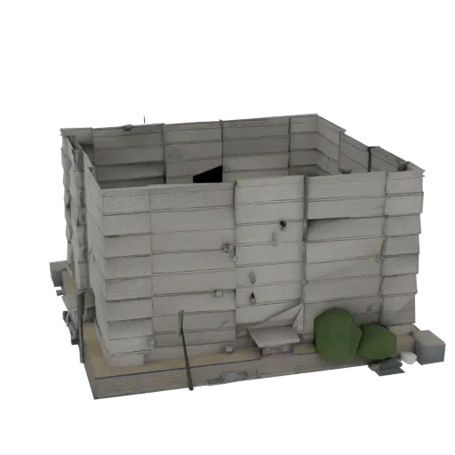 3D модель бруталистского здания из бетонных блоков с видимой текстурой блоков и строгим геометрическим дизайном.