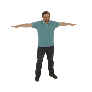3D модель мужчины в бирюзовой поло и темных брюках, стоящего с вытянутыми руками в позе T-pose на белом фоне.