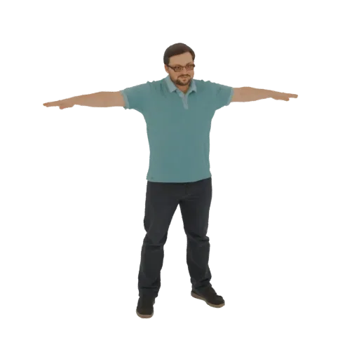 3D модель мужчины в бирюзовой поло и темных брюках, стоящего с вытянутыми руками в позе T-pose на белом фоне.