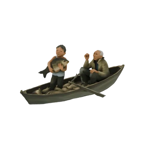 3D модель мальчика с большой рыбой и пожилого рыбака в лодке с уловом.