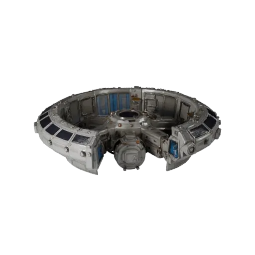 Модульная 3D-модель стыковочного узла глубокого космоса, изометрический вид модульного набора, показывающий металлические мод