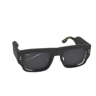 3D модель черных прямоугольных солнцезащитных очков с золотыми акцентами, вид спереди.