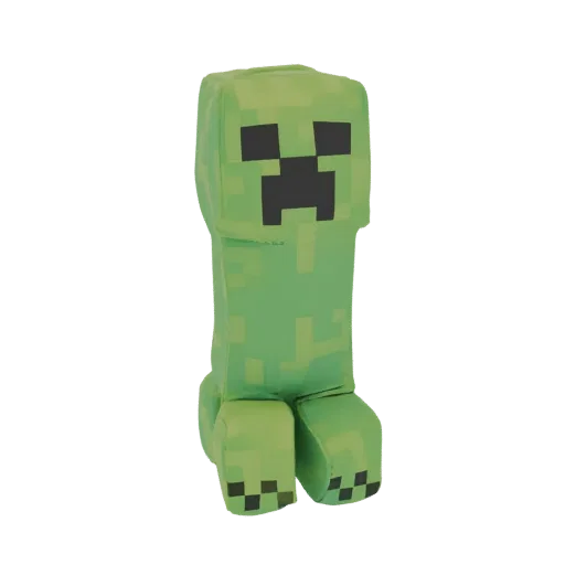 3D модель плюшевой игрушки Крипера из Minecraft, стоящей вертикально с характерной зеленой пиксельной текстурой и хмурым лицо