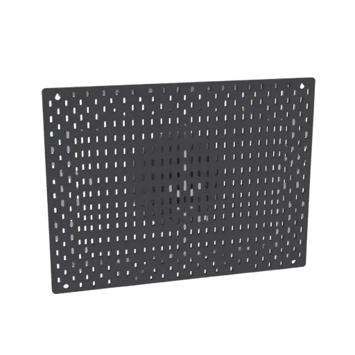 3D модель темно-серой перфорированной металлической панели с сеткой мелких, вытянутых отверстий.