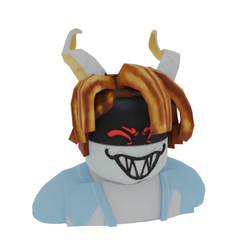 3D модель аватара Roblox с золотыми рогами, черной маской с красными глазами и острым зубастым оскалом, в светло-голубой курт