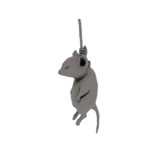 3D рендер маленькой серой мыши, свисающей на веревке, с закрытыми глазами.