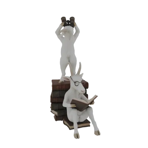 3D модель белого козла в очках читает книгу на стопке книг, рядом другой козел стоит и держит бинокль.