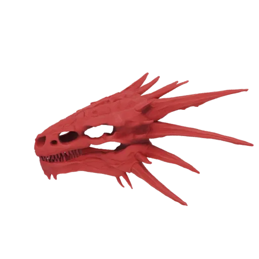 A detailed 3D model of a red dragon skull with sharp, prominent spikes extending from its head and a fearsome set of teeth.
