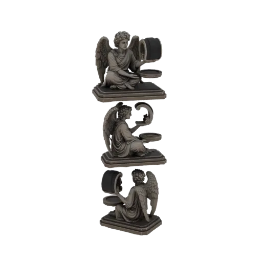 3D модель ангела, похожего на каменную статую, в коленопреклоненной позе, держащего кадило-подсвечник, с расправленными крыль
