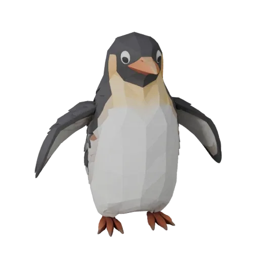 3D модель пингвина Low Poly, вид сбоку в игровой камере, низкополигональный ассет животного с профилем клюва, многослойным оп