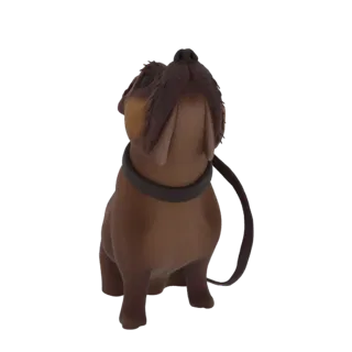 3D модель толстого коричневого бульдога с темным ошейником и поводком, смотрящего вверх.